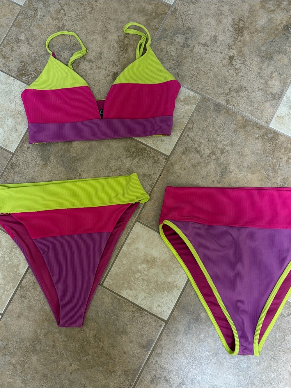 3 PIECES Beach Riot Colorblock Neon High-Waist Bikini Set - Pink/Green/Purple